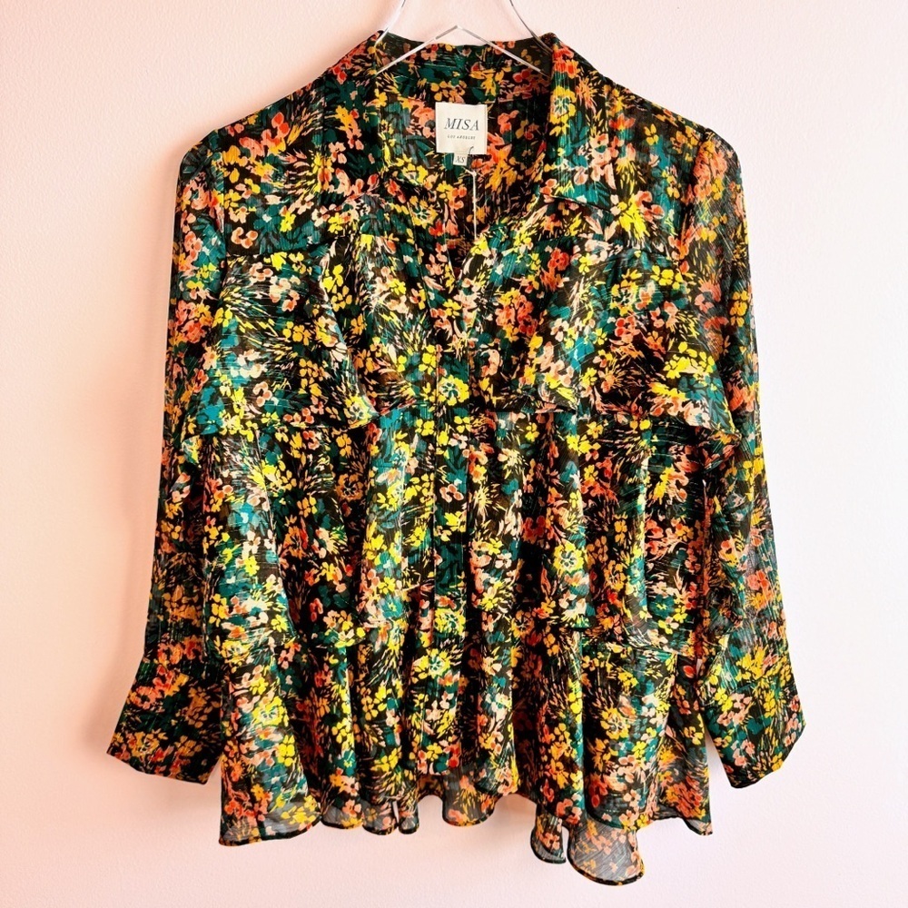 NEW MISA Blouse size XS Floral Ruffle Metallic Thread